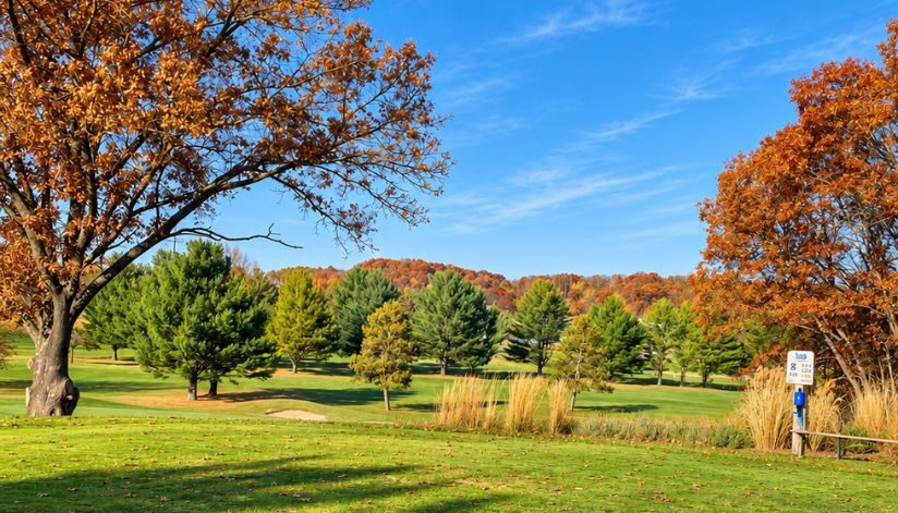 Fall view of the golf course at Drugan’s Castle Mound in Wisconsin with colorful autumn trees and Hole 8.
