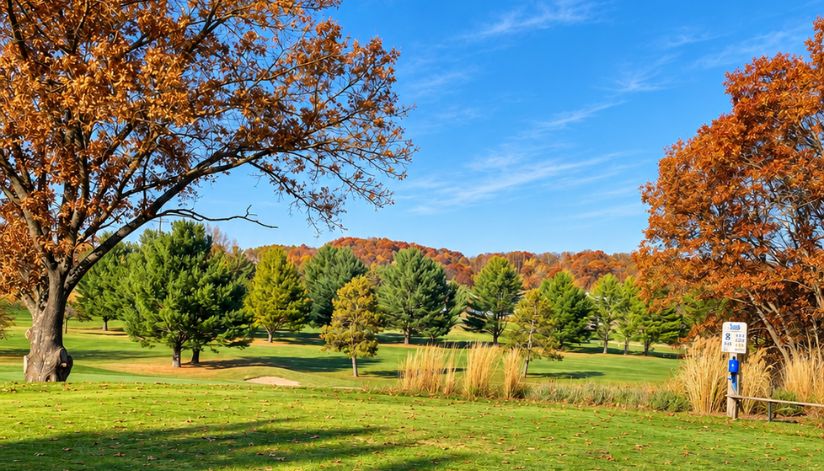 Fall view of the golf course at Drugan’s Castle Mound in Wisconsin with colorful autumn trees and Hole 8.