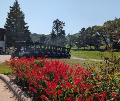 At Drugan’s Castle Mound in Holmen, golf carts line up by red flowers as a golfer walks by carrying clubs.