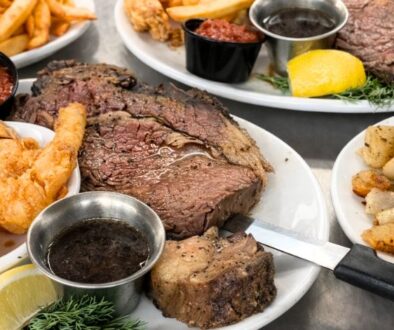 A hearty Supper Club meal with prime rib, fried shrimp, steak, and potatoes at Drugan’s Castle Mound.